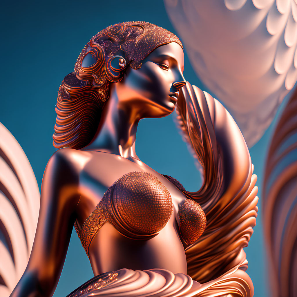 Bronze-toned digital sculpture of stylized female figure with intricate hair and wing-like structure