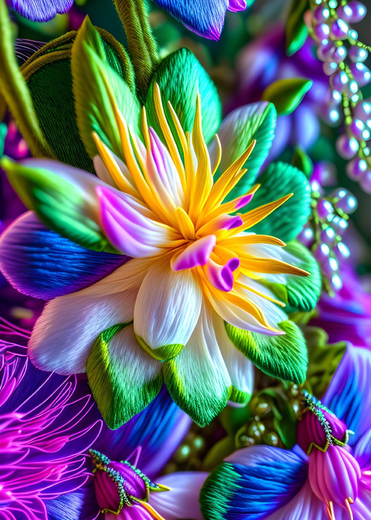 Colorful digital artwork: Stylized neon flower with intricate details and foliage background