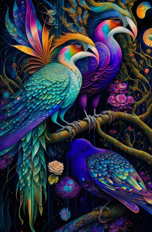 Colorful stylized parrots on twisted branch in neon-hued fantasy scene