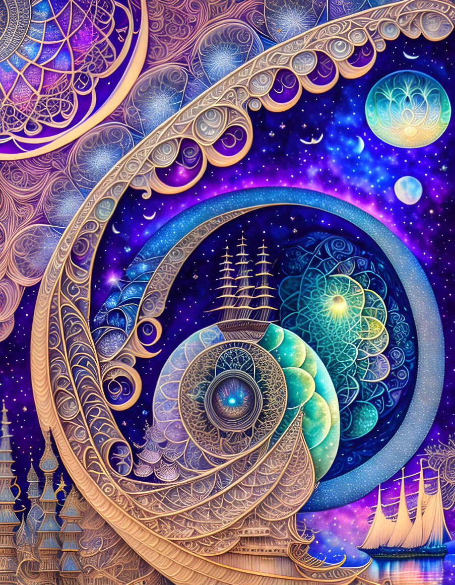 Colorful Cosmic Illustration with Celestial Spiral and Planets