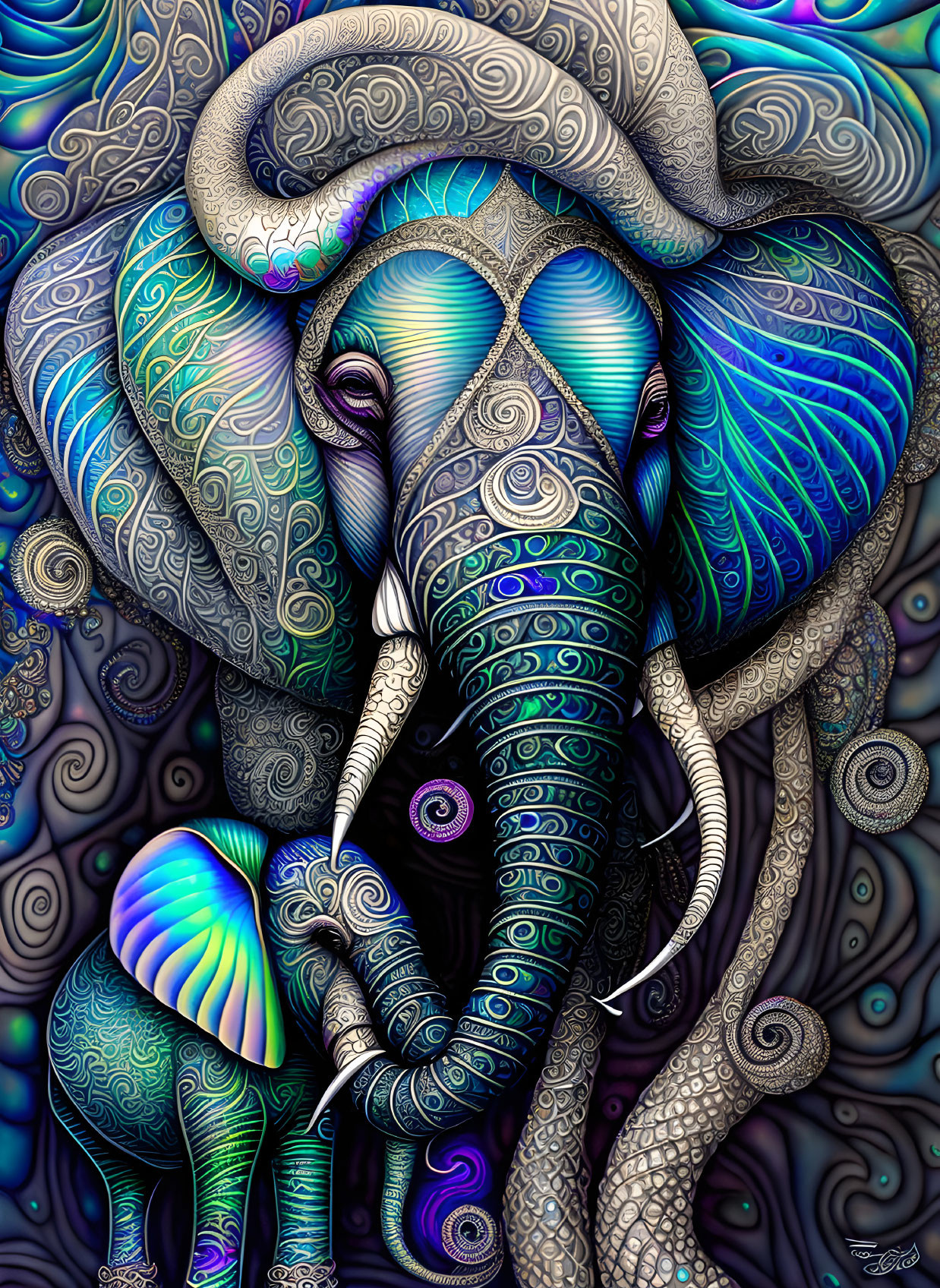 Colorful Elephant Artwork with Blue and Purple Patterns