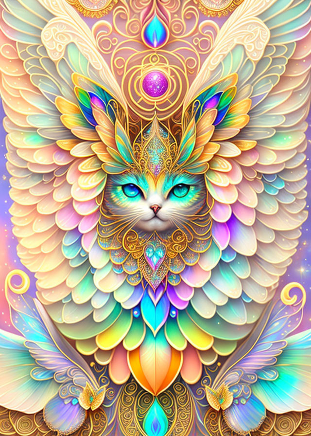 Colorful feathered cat with mystical symbols: a fantastical image