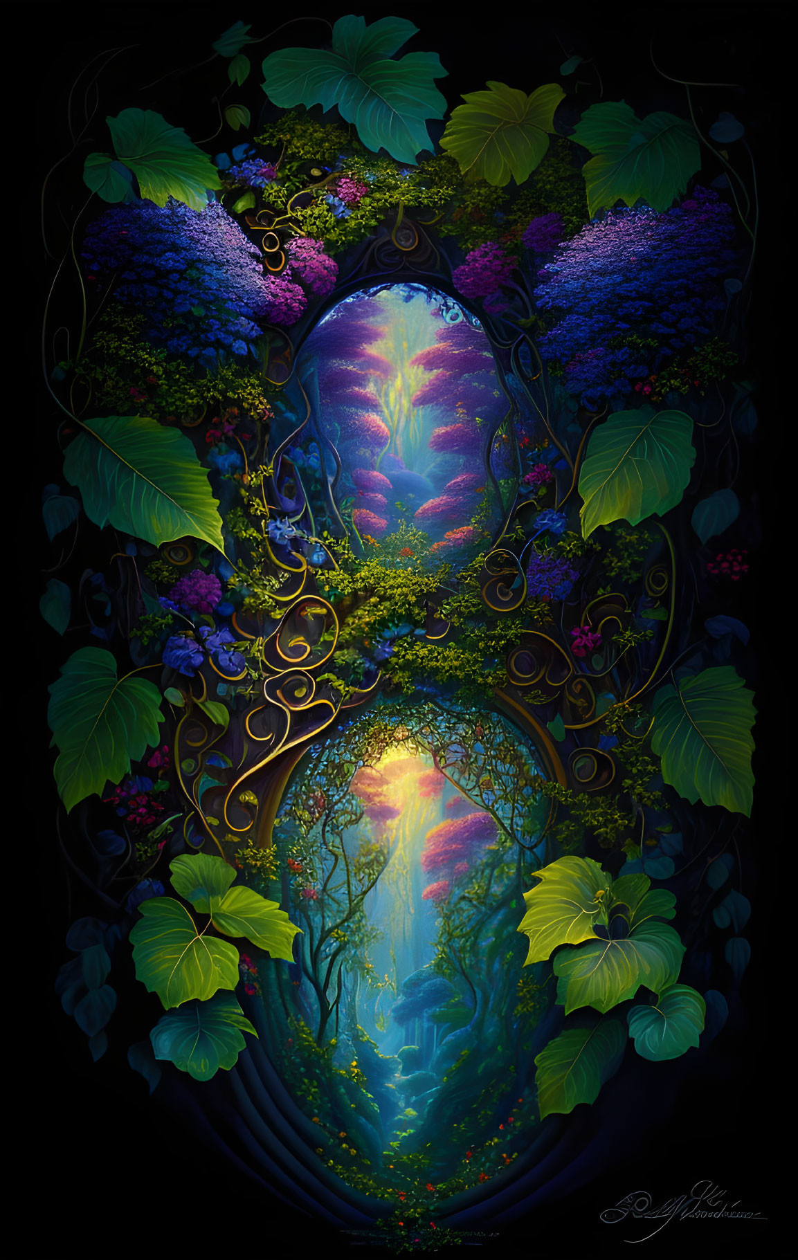 Vibrant digital artwork: Oval cosmos gateway with lush green vines and colorful forest path