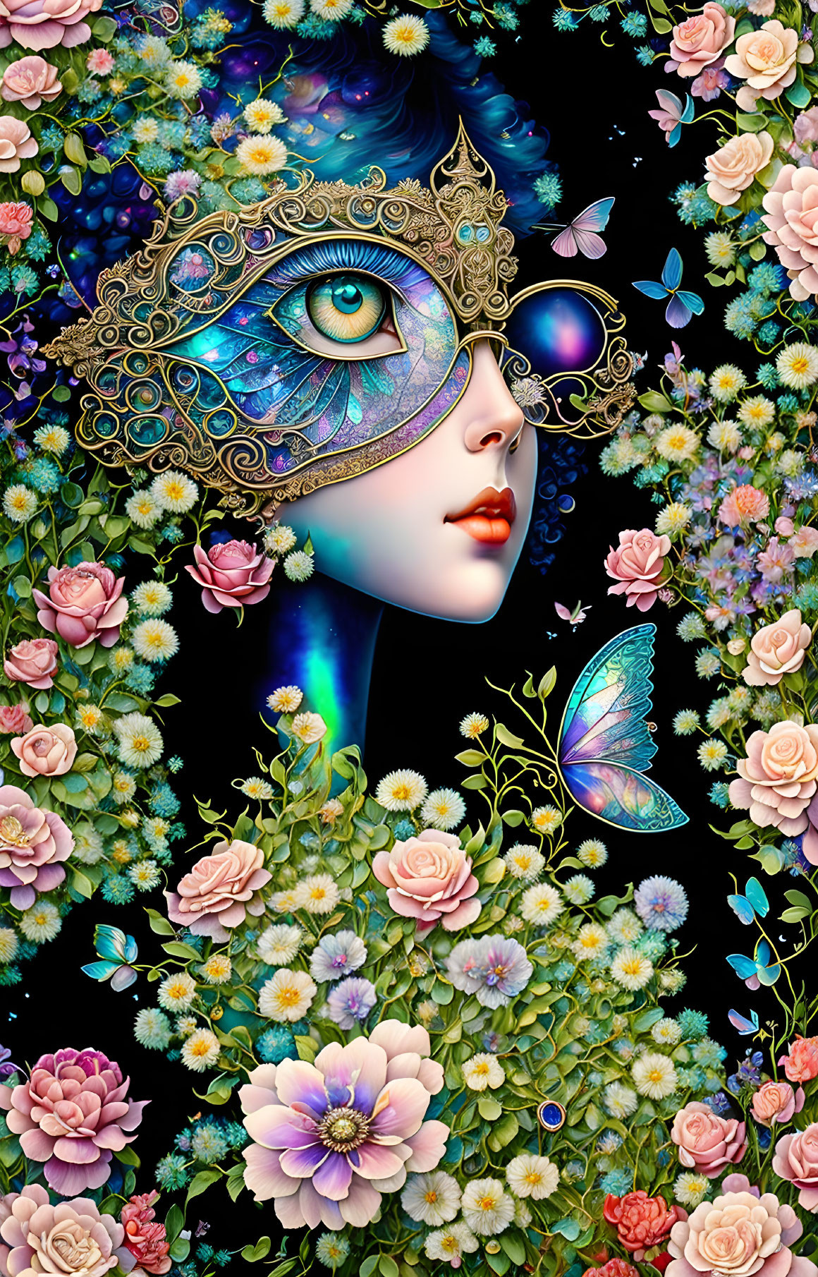 Colorful digital artwork: Woman with eye mask, flowers, butterfly