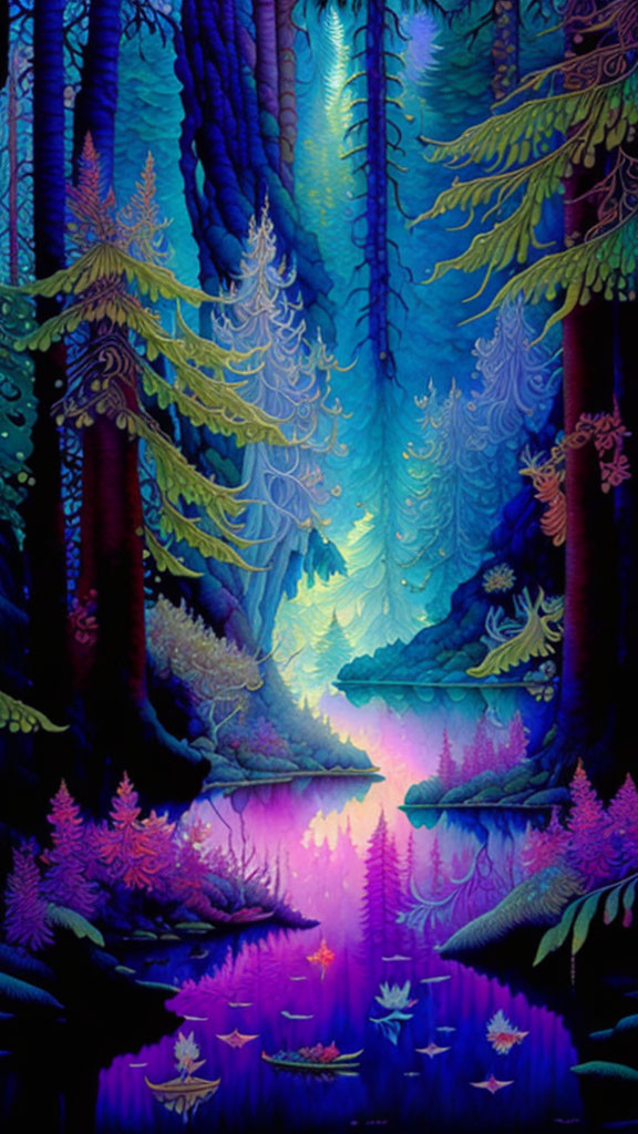 Enchanting neon-hued forest under twilight sky