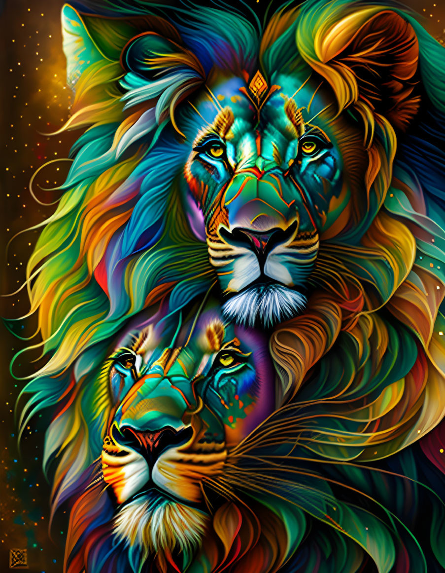 Colorful Cosmic Digital Painting of Lions on Starry Background