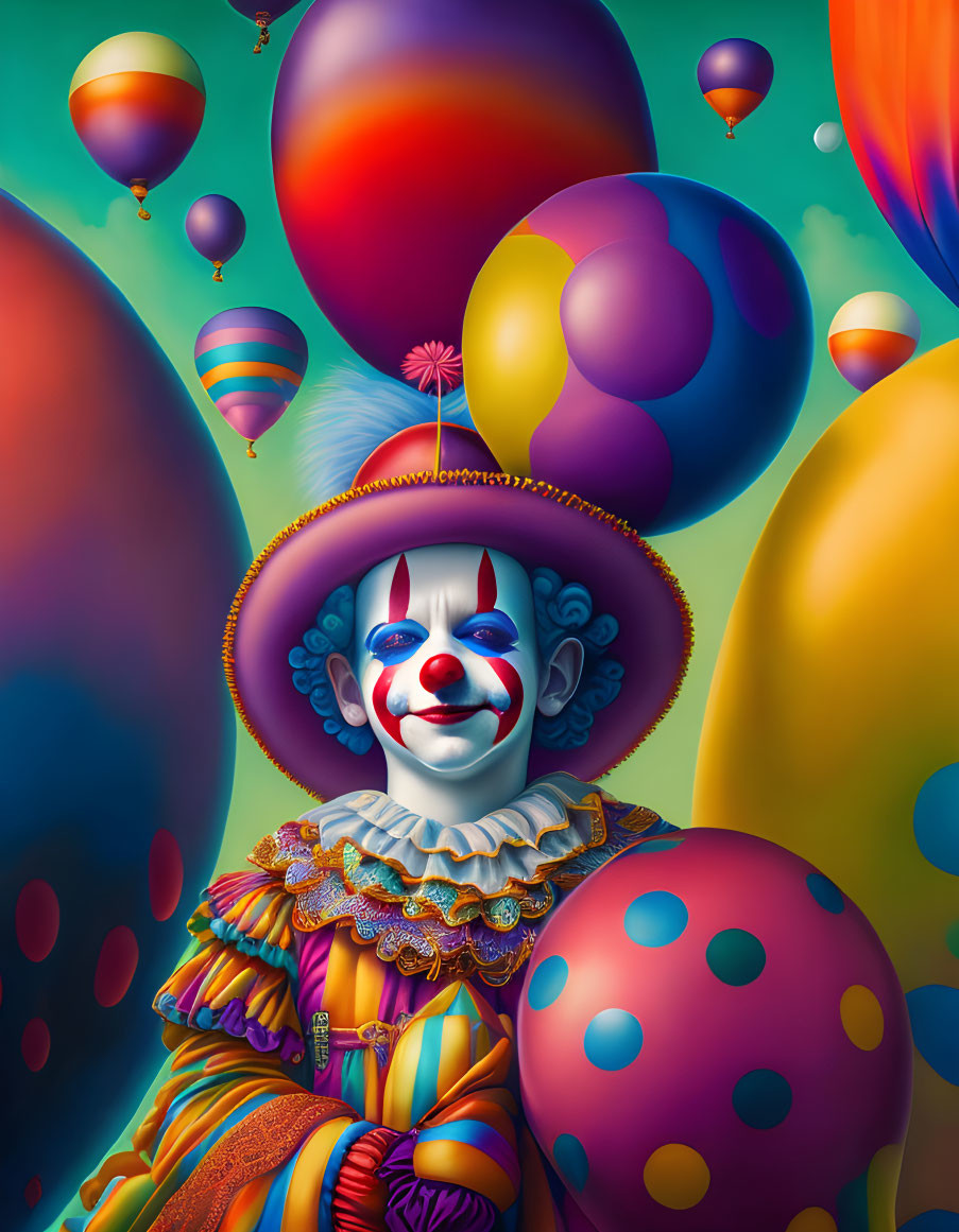 Colorful Clown with Flower and Balloons in Vibrant Costume