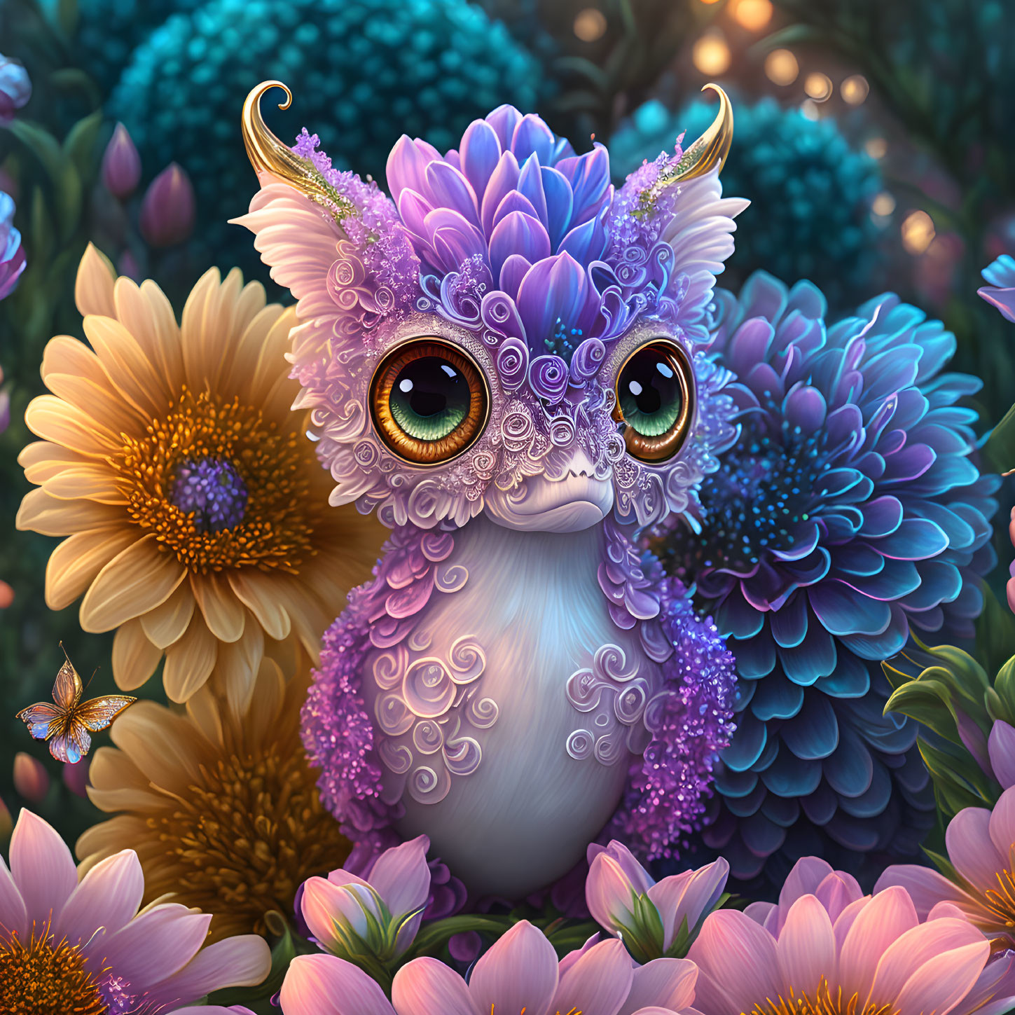 Colorful Illustration of Purple Owl with Flowers and Butterfly