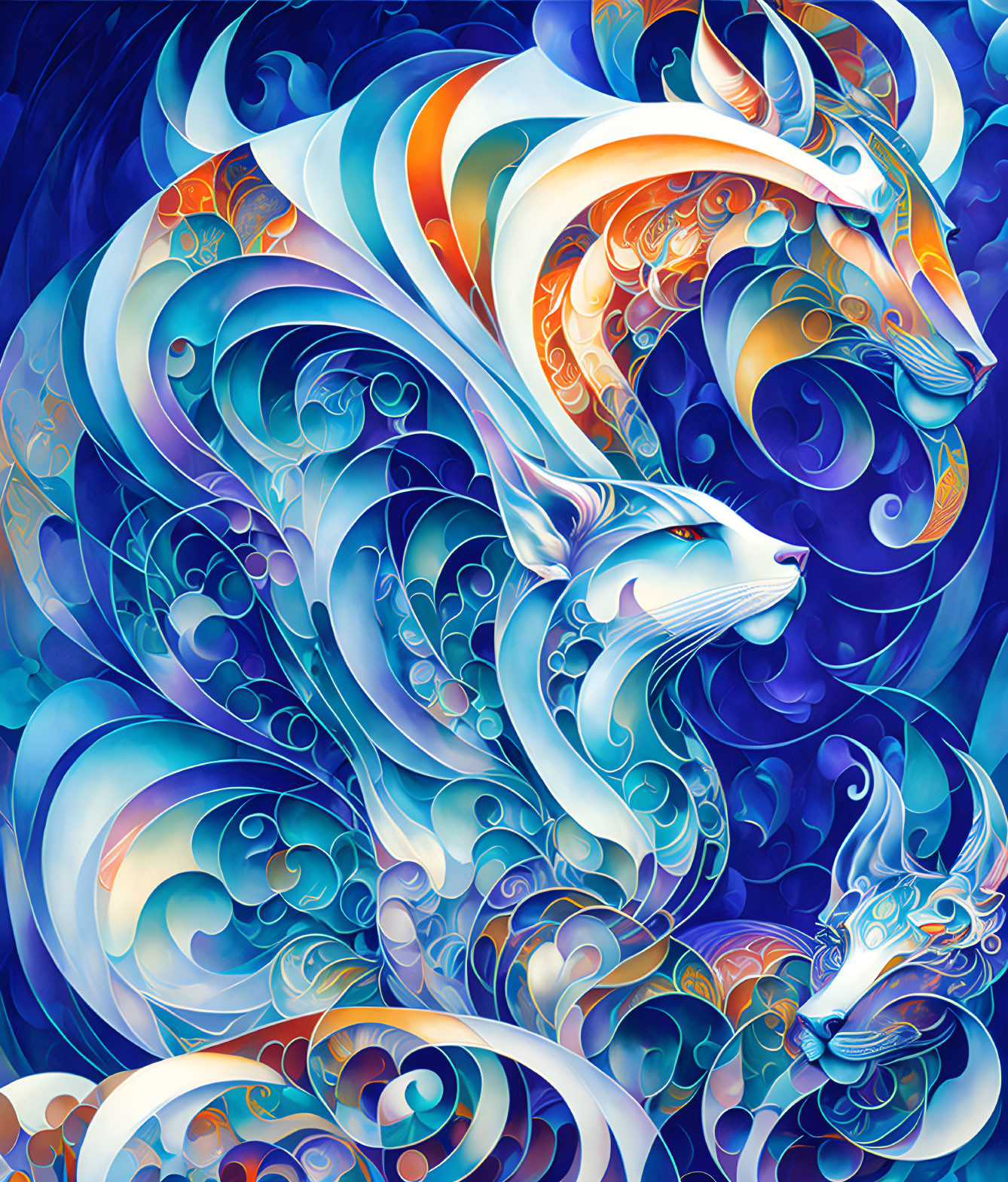 Colorful Mystical Cat Art with Swirls and Floral Patterns