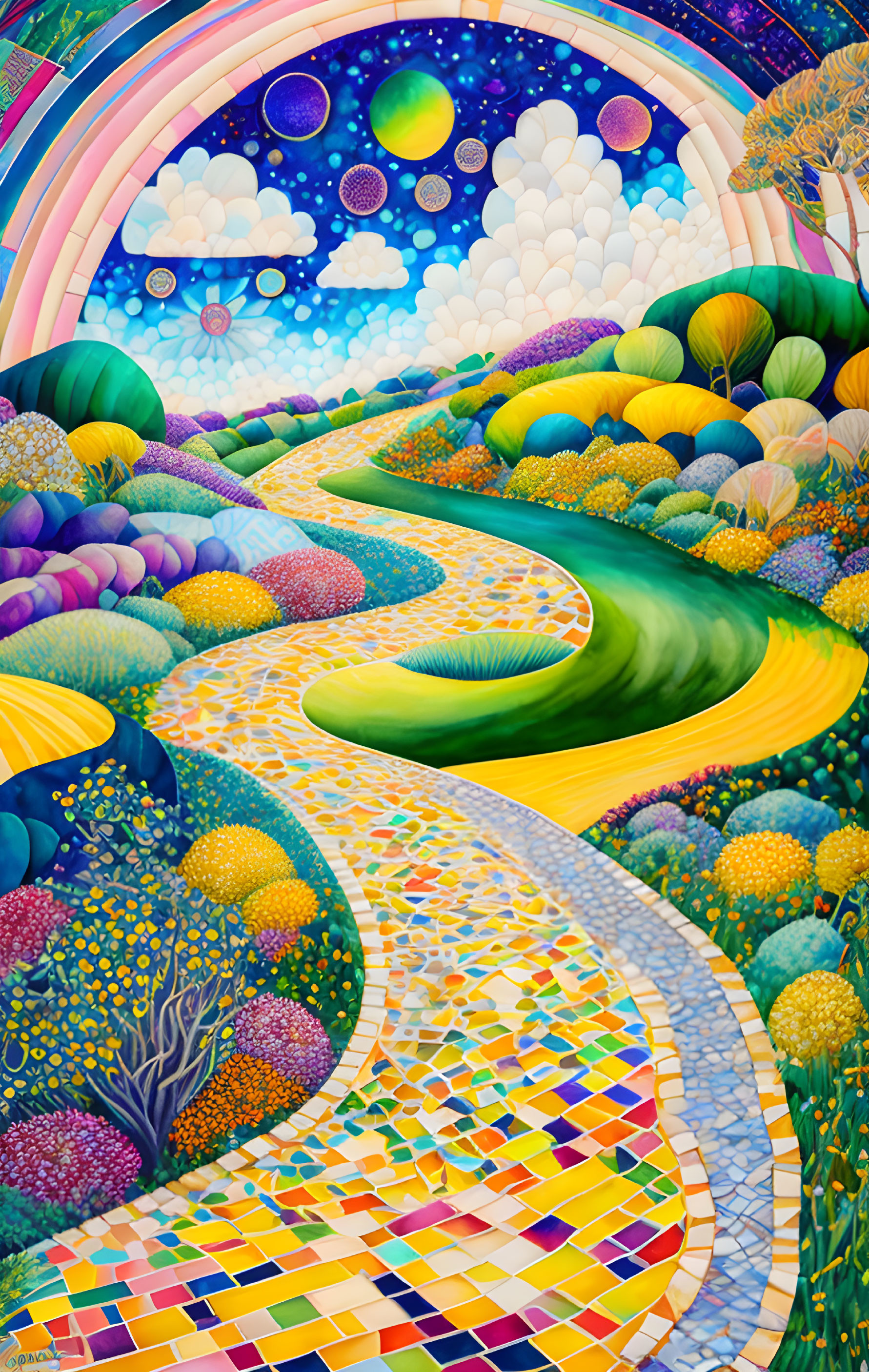 Colorful landscape painting with yellow brick road, hills, trees, and celestial bodies