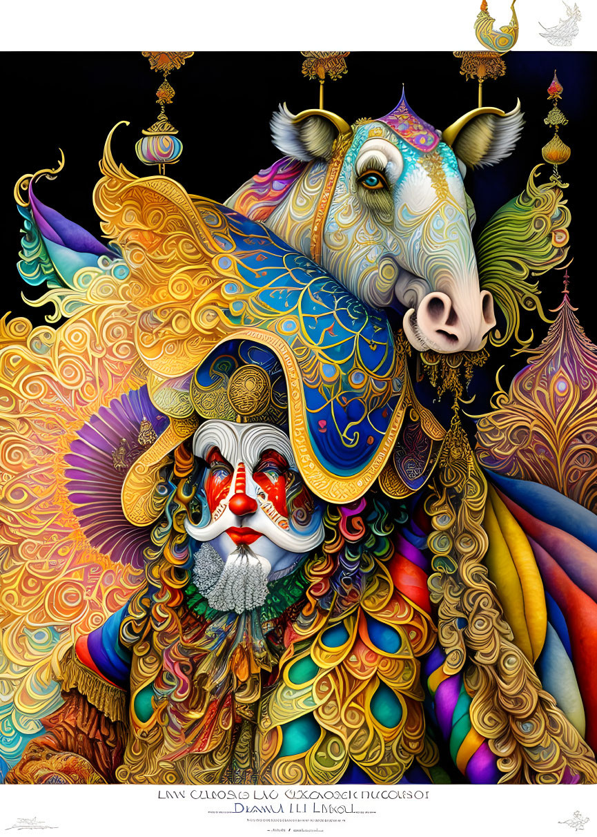 Colorful Clown and Serene Cow Artwork with Ornate Decorations