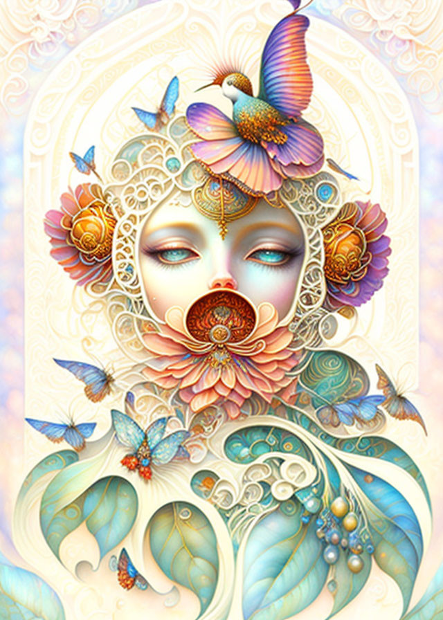 Intricate surreal illustration of woman's face with flowers and butterflies