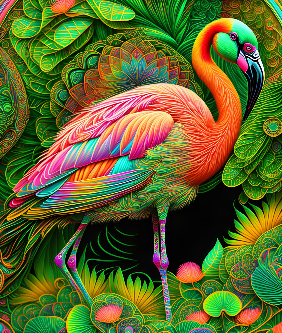 Colorful Flamingo Artwork with Elaborate Patterns and Ornate Foliage