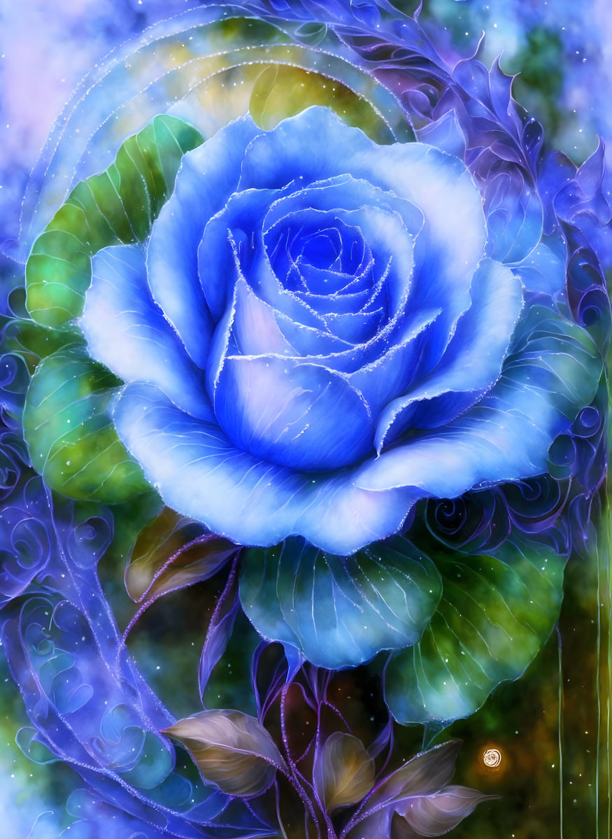 Vibrant digital artwork: Luminous blue rose with dew drops on swirling violet and green tendr