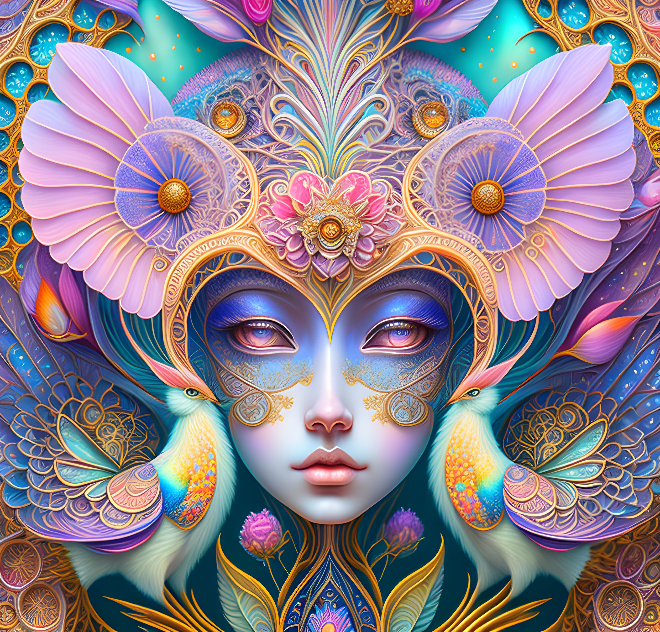 Colorful digital artwork featuring surreal female figure with floral motifs and feathers in symmetrical composition.