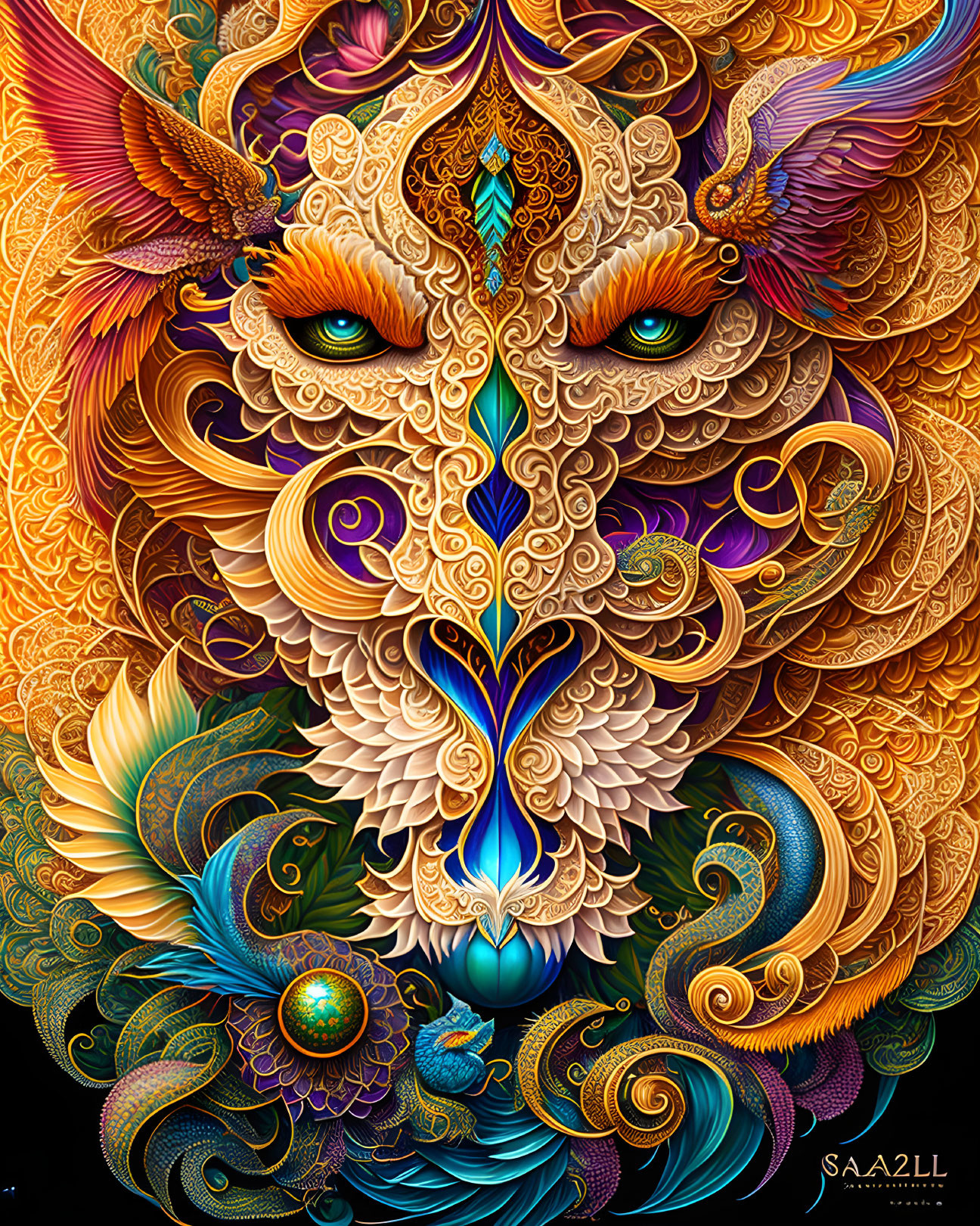 Colorful Stylized Cat Illustration with Floral and Feather Patterns