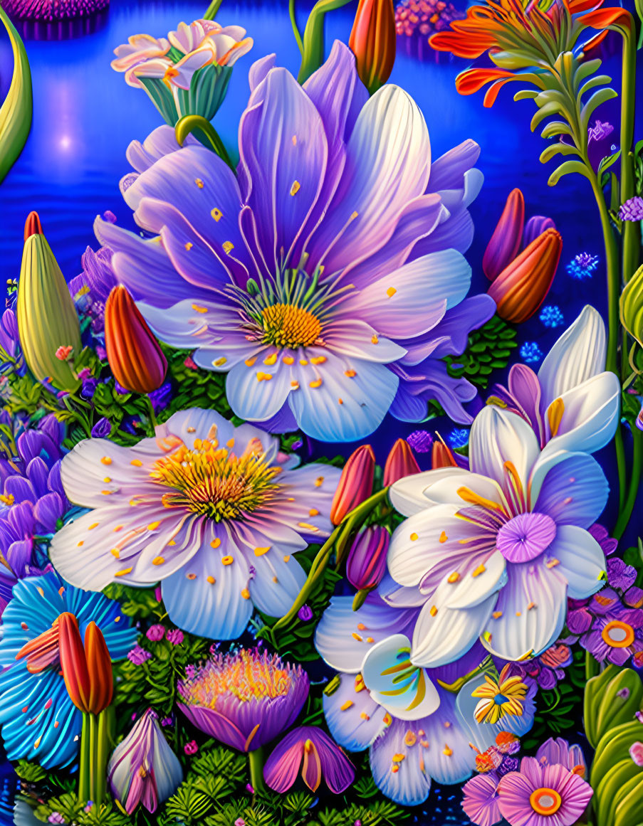 Detailed blue, purple, and white flowers on vivid background