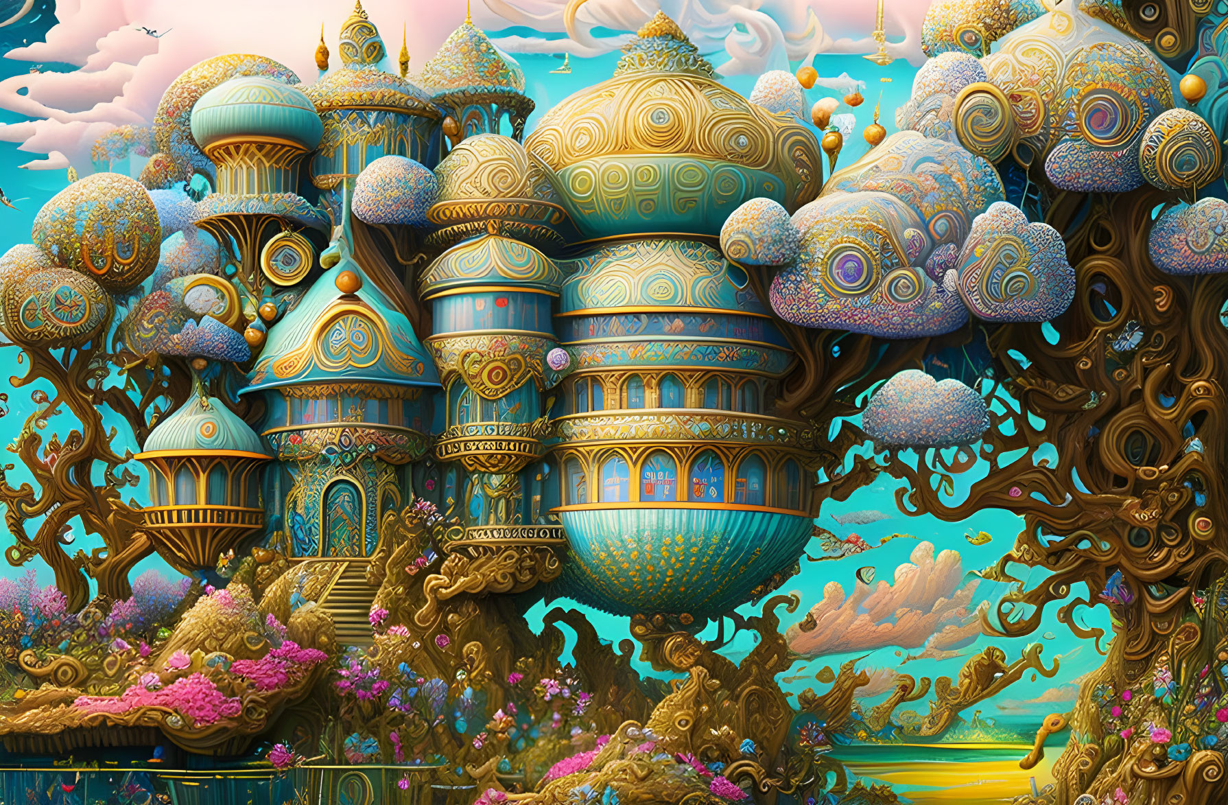 Fantastical landscape with ornate palaces and twisted tree-like structures