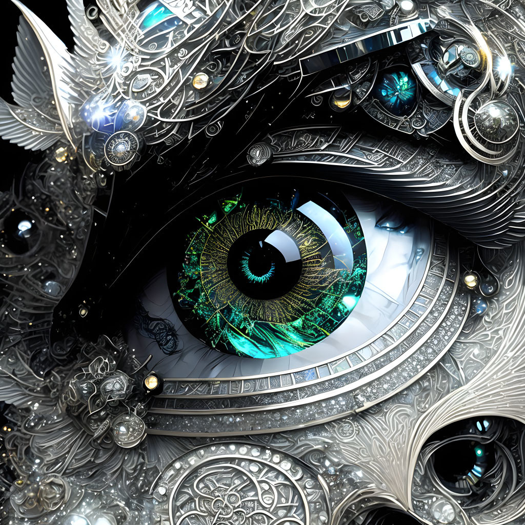 Intricate Mechanical Eye with Gears and Circuitry in Silver, Black, and Teal