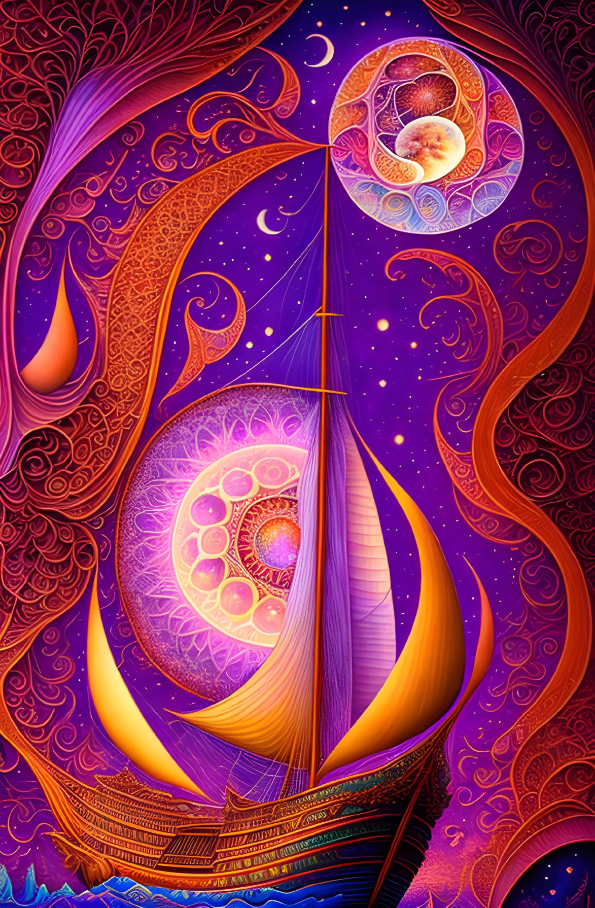 Colorful Psychedelic Sailboat Illustration on Cosmic Sea