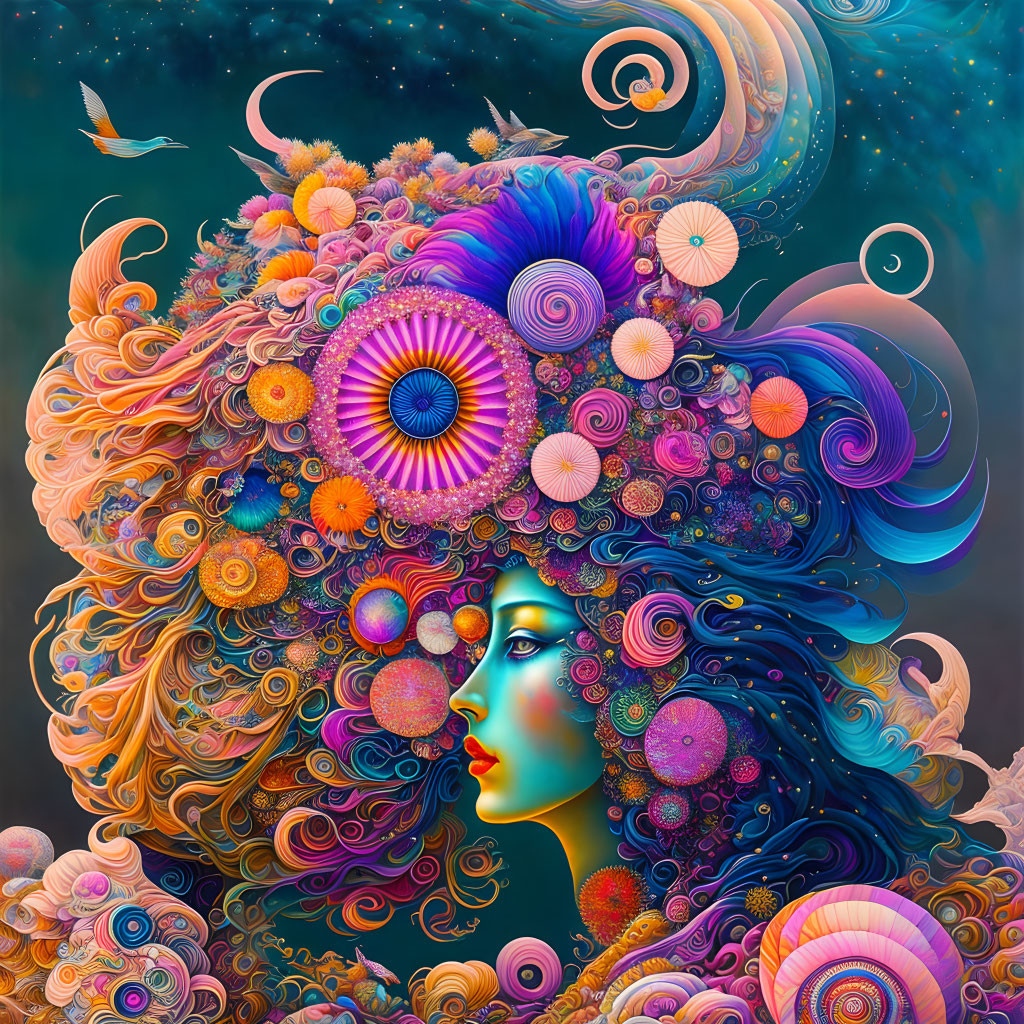 Colorful surreal portrait of female figure with cosmic and marine motifs