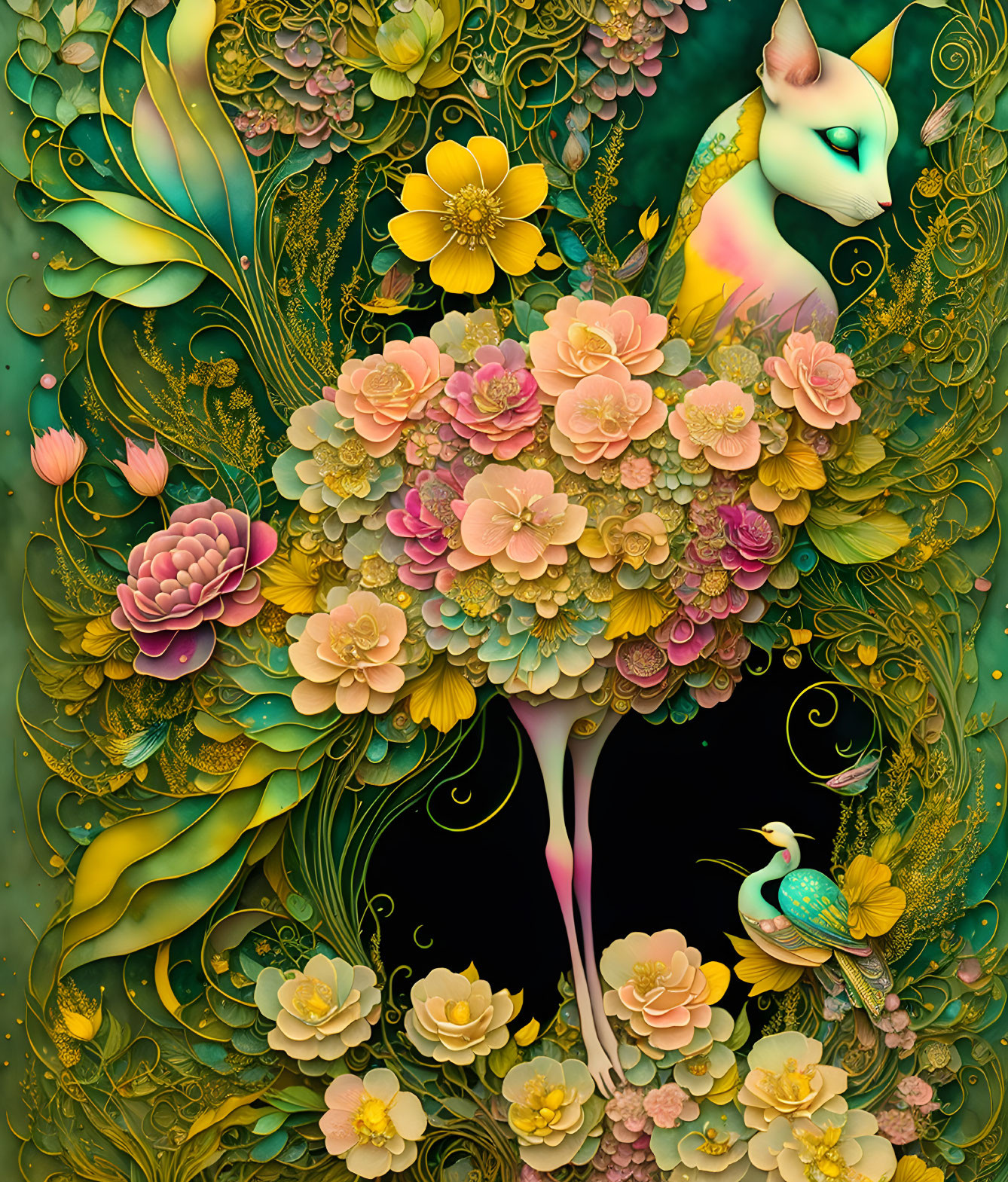 Fantasy-themed illustration of floral deer in golden and pink flowers