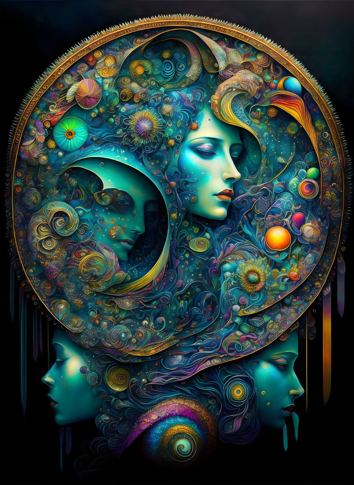 Colorful digital art: Female face amidst cosmic and floral patterns