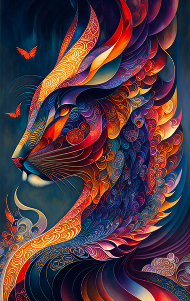 Colorful Lion Illustration with Swirling Patterns and Birds