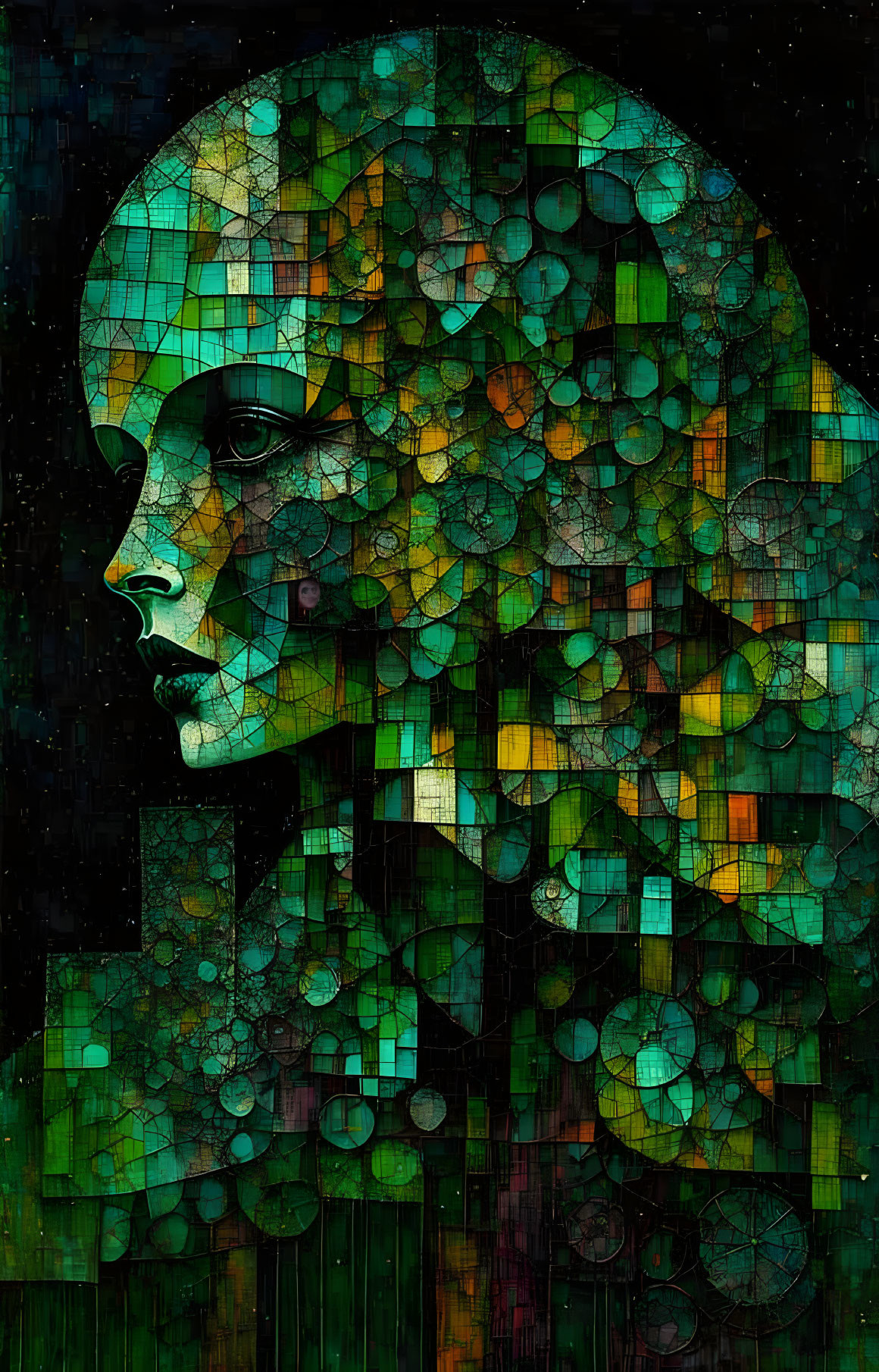 Colorful geometric profile of a woman in digital art with mosaic texture