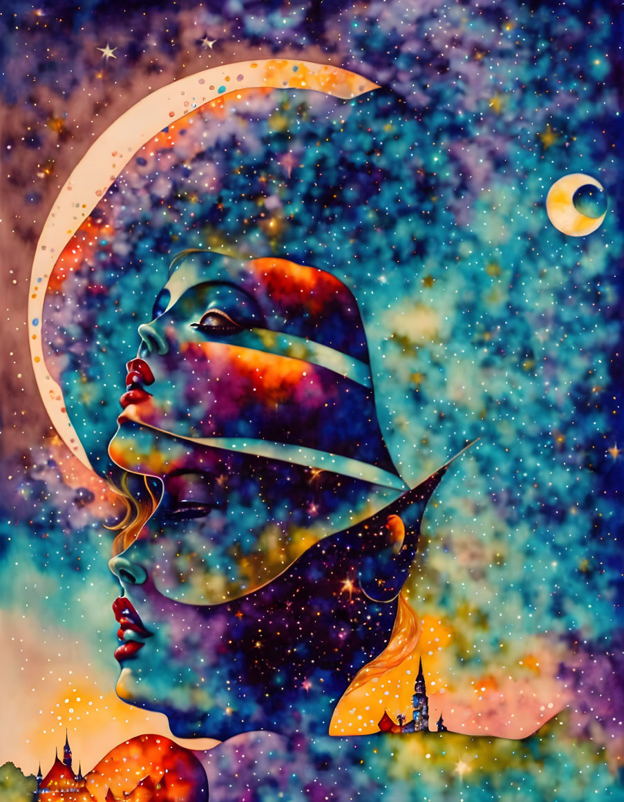 Colorful cosmic artwork: woman's profile with galactic theme, crescent moon halo, surreal elements