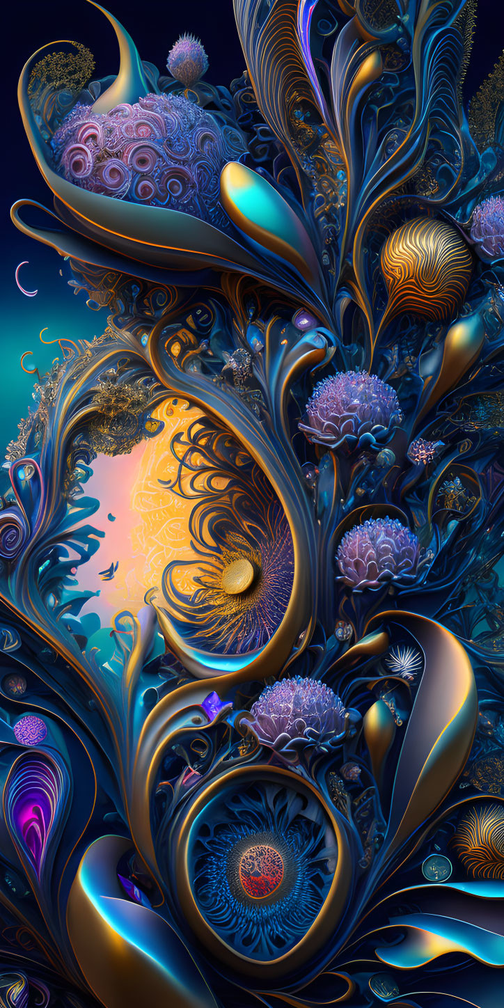 Intricate Feathers, Spirals, and Flora in Vibrant Digital Art