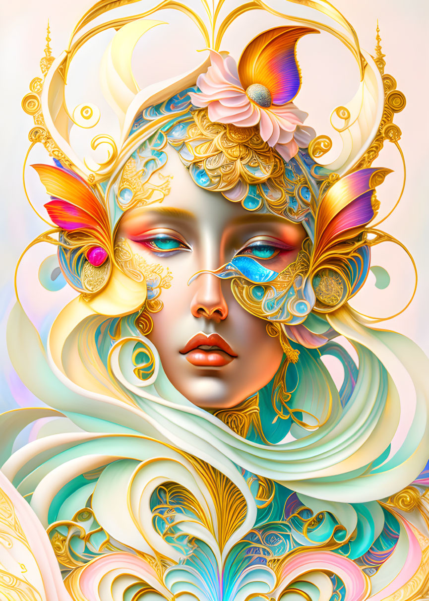 Detailed digital art portrait of female figure with ornate elements and pastel swirls.