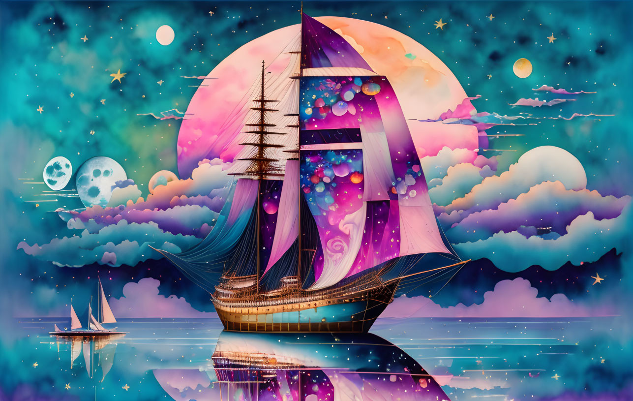 Fantastical tall ship sailing on calm waters under colorful skies