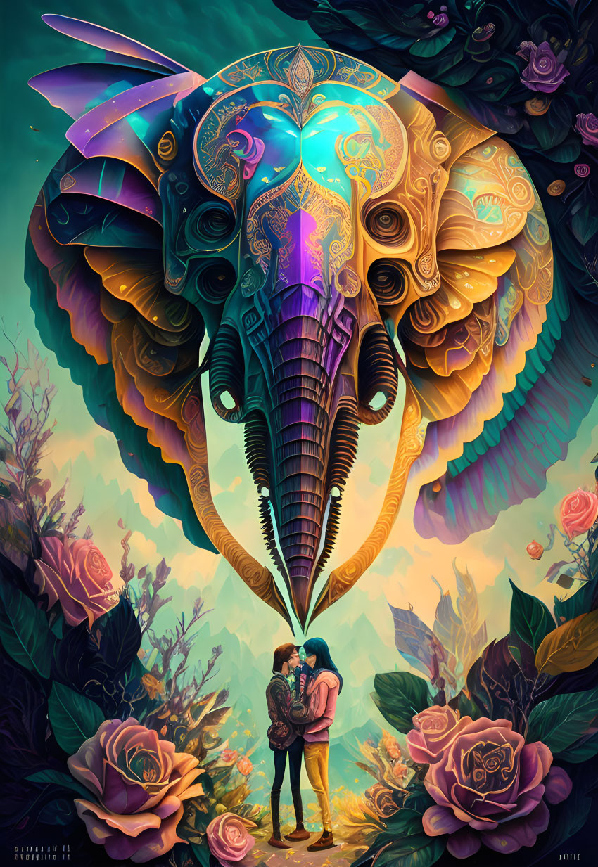 Couple embracing amidst roses under vibrant, ornate elephant head on teal background