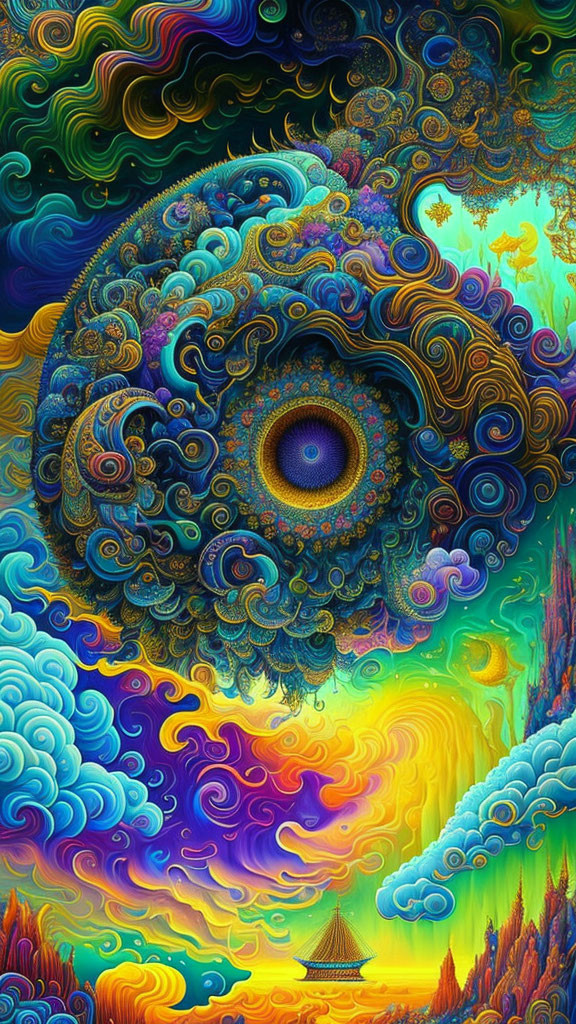 Colorful Psychedelic Artwork with Eye Design and Swirls on Fantasy Landscape