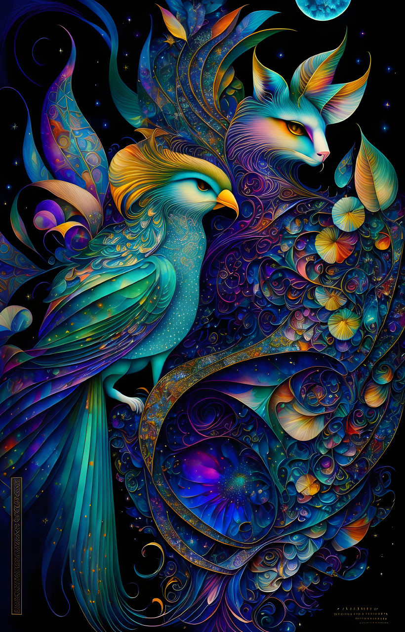 Colorful illustration of fantastical peacock-like creatures with cosmic and floral tails