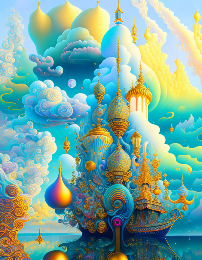 Vibrant artwork: Colorful palace with golden domes in dreamlike sky