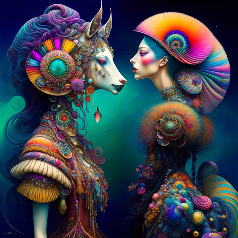 Vividly colored digital art: Two fantastical beings with ornate features, facing each other on