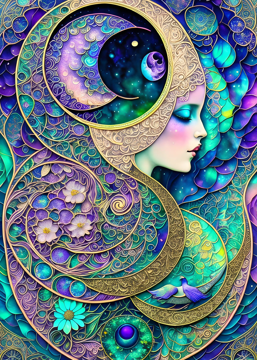 Vibrant profile artwork with cosmic, floral, and golden elements