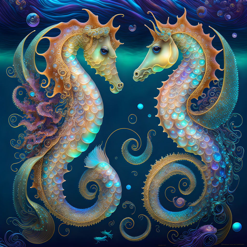 Intricately designed seahorse-like creatures on blue background