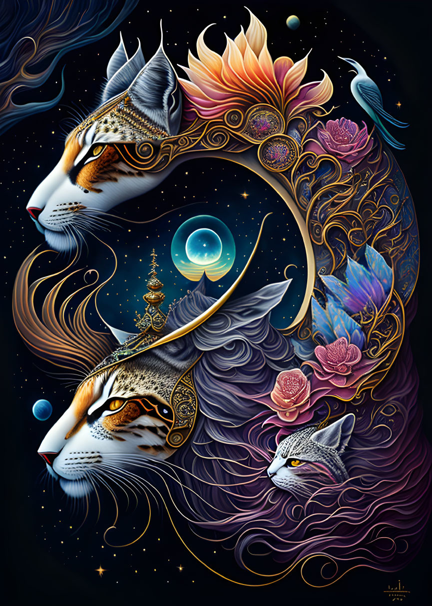 Colorful feline faces with cosmic, floral, and bird motifs in intricate gold on starry backdrop