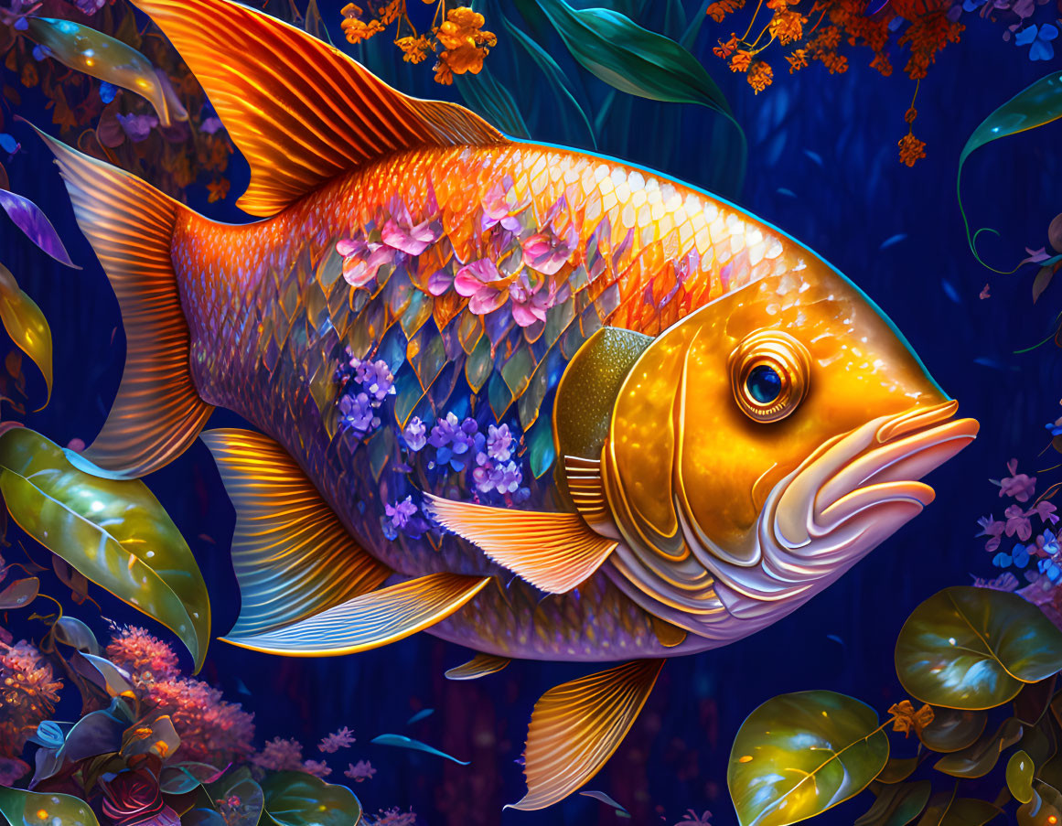 Colorful Fish Digital Art Among Underwater Flora on Deep Blue Background