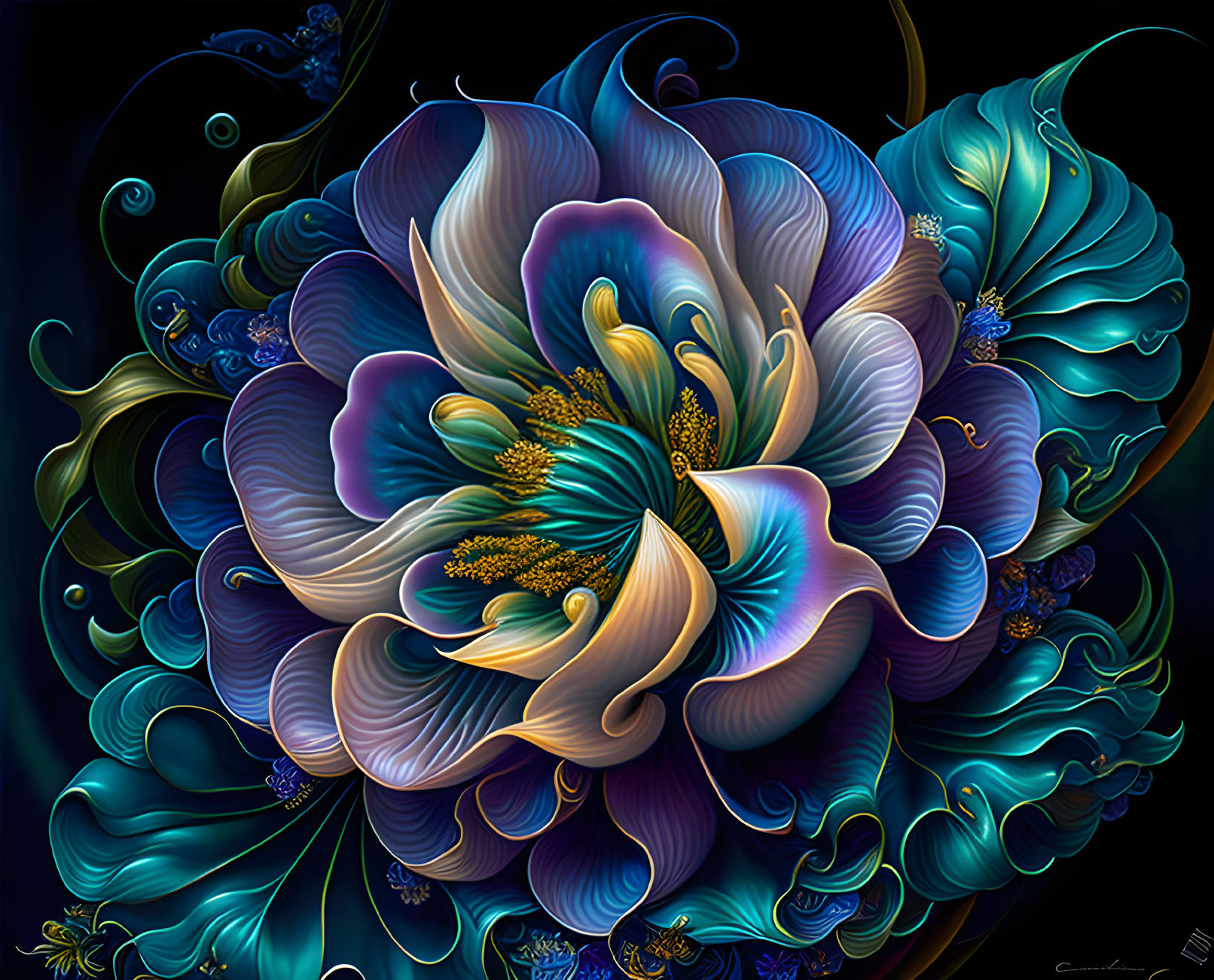 Detailed Digital Art: Luminescent Flower with Blue and Teal Petals