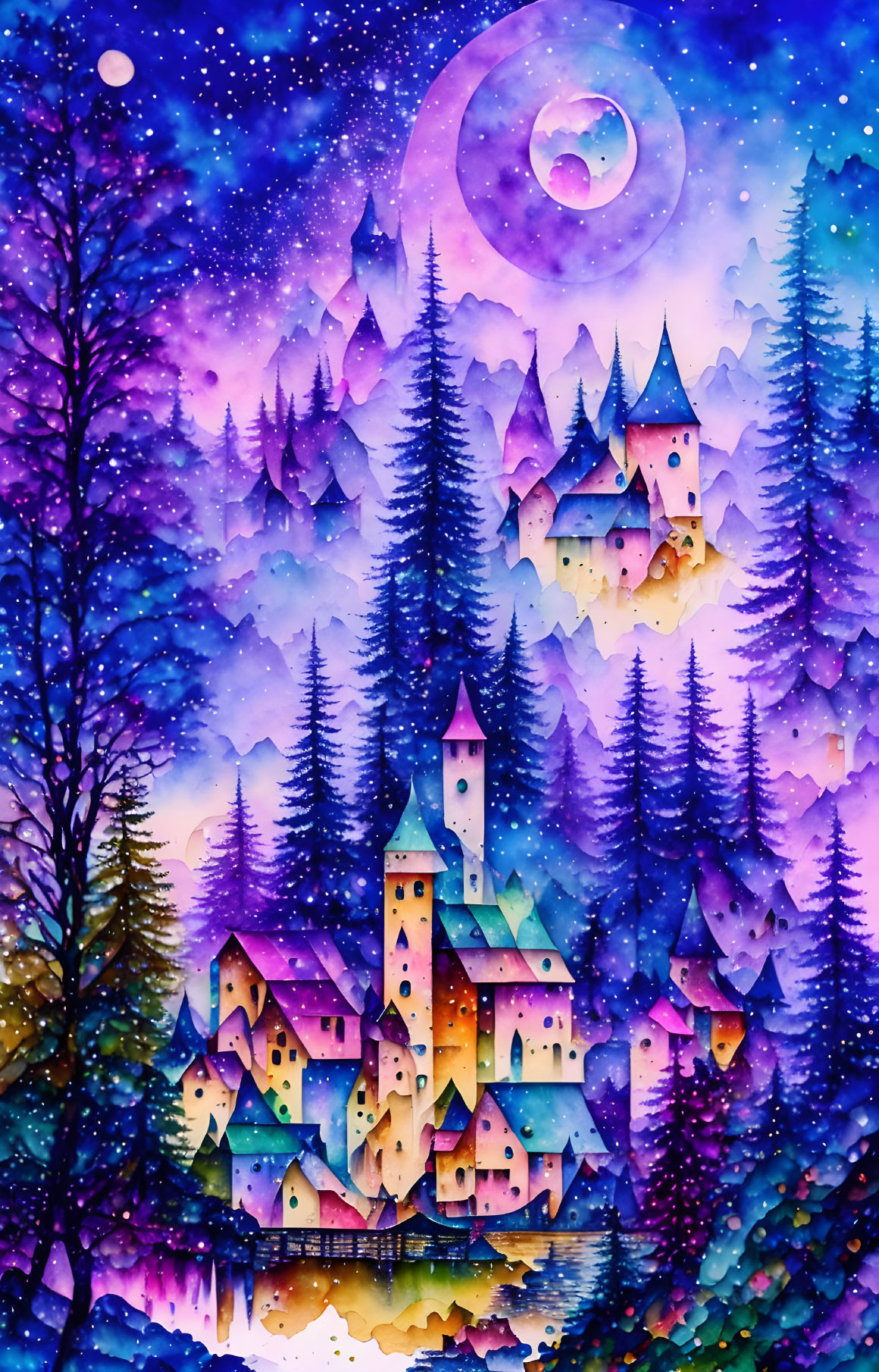 Whimsical village with fairy-tale castles in vibrant watercolor