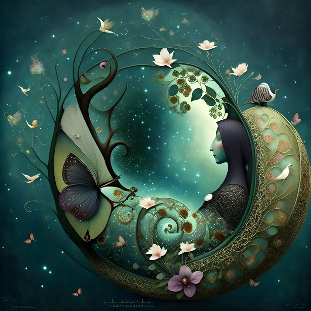 Surreal digital artwork: Woman profile in ornate circular frame with butterflies, plants, and celestial