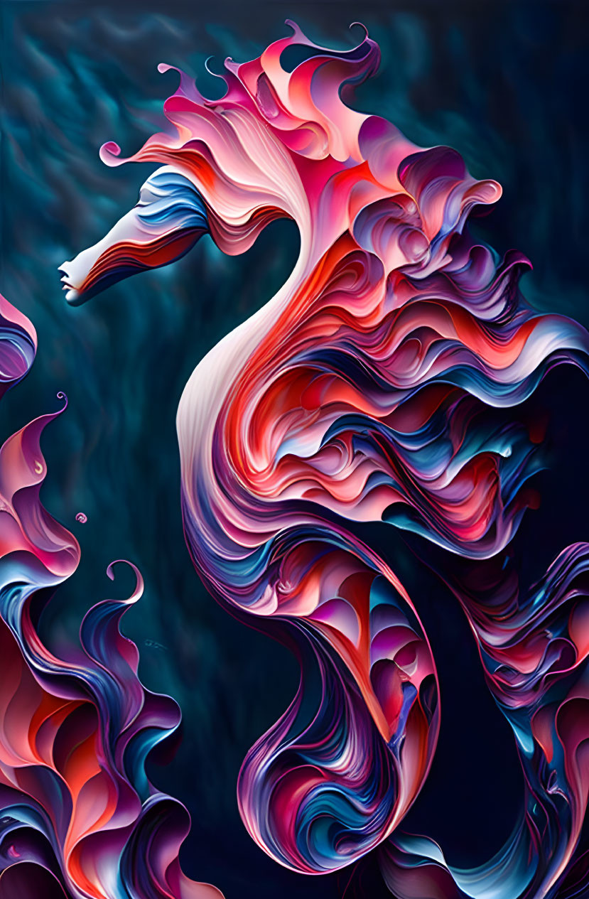 Fluid design in blues and pinks with swirling patterns and an outstretched arm.