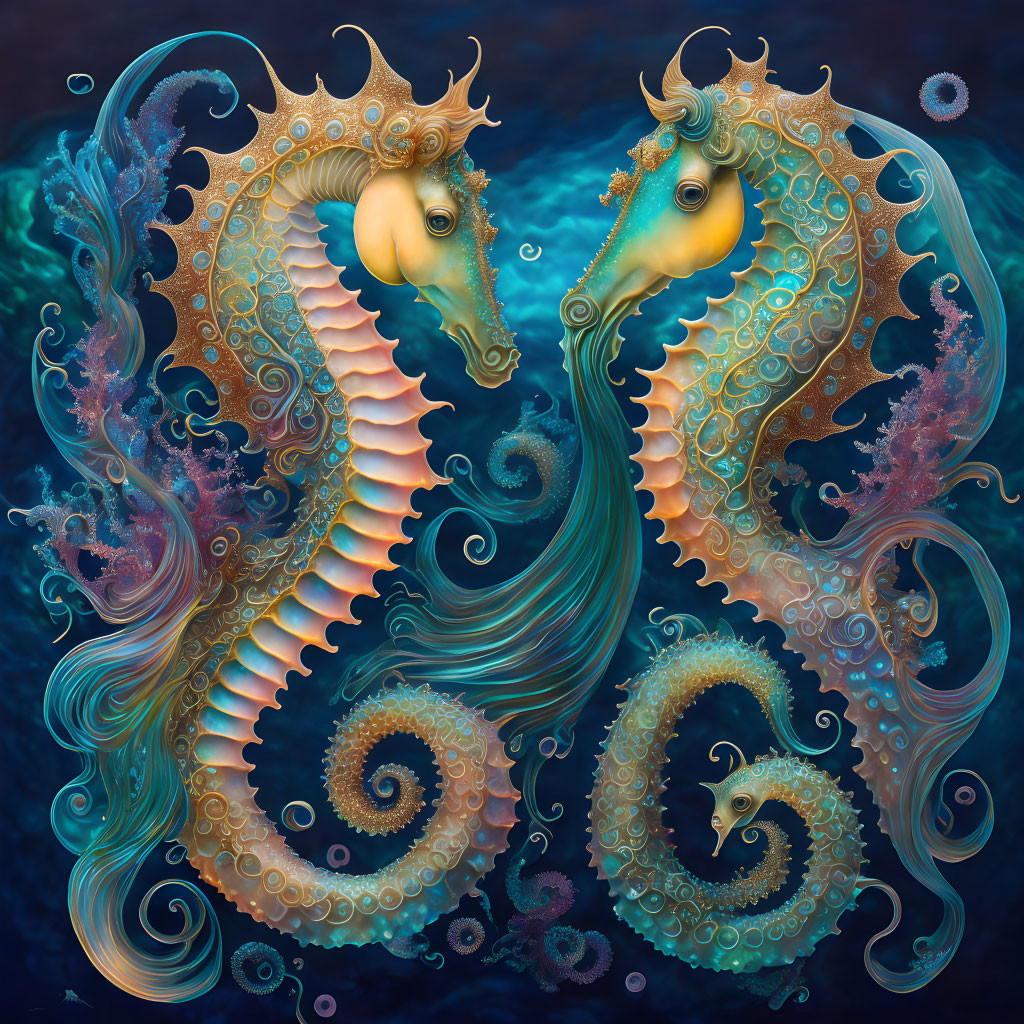 Intricately designed seahorses with ornate patterns in deep blue ocean.