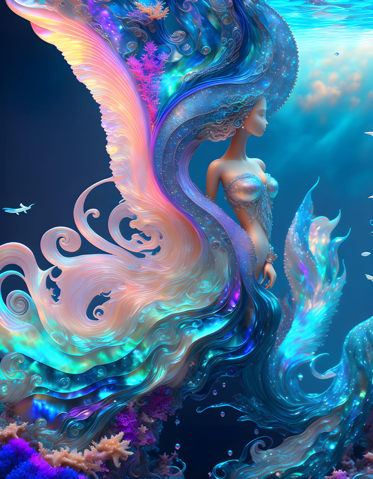 Surreal mermaid with ornate tail in vibrant blue and gold underwater scene