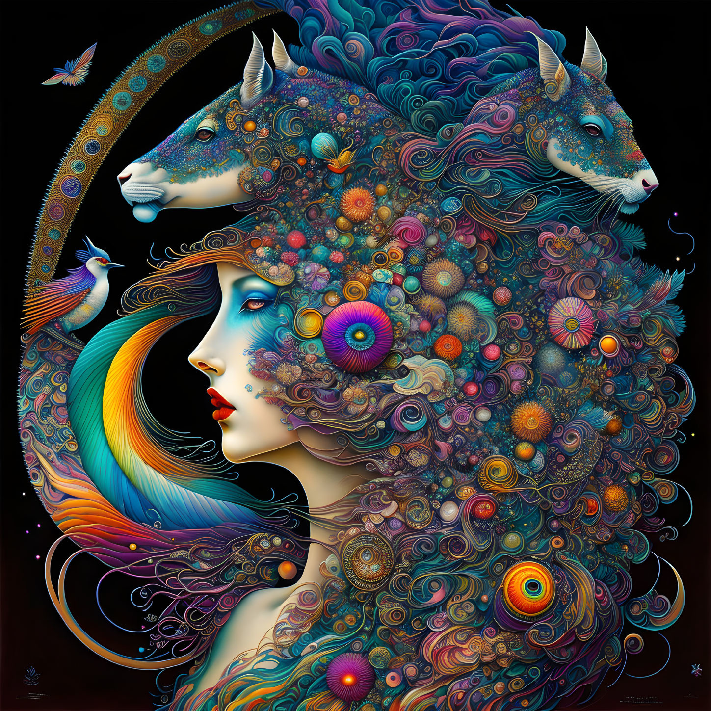 Colorful Psychedelic Art: Woman's Profile Transformed with Flora, Fauna, and