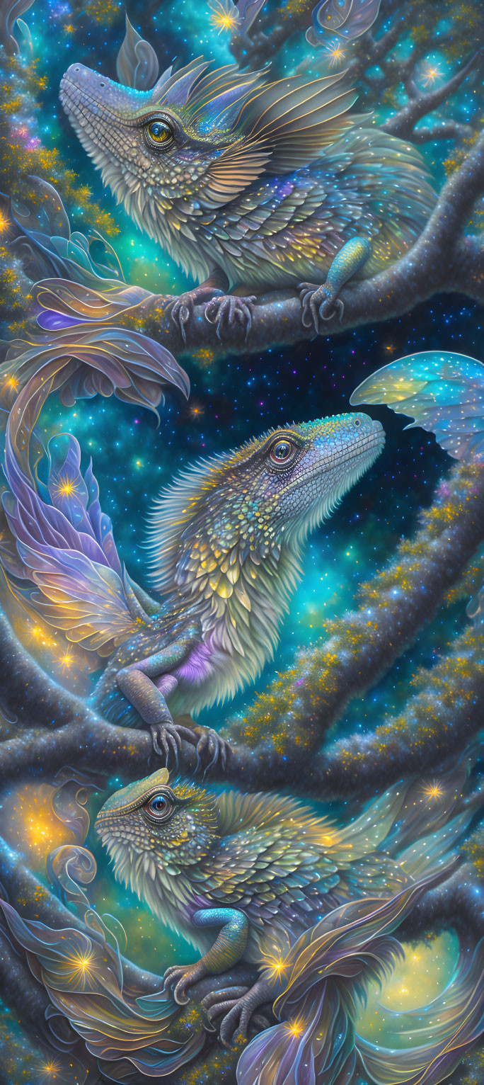 Three mystical dragon-like creatures with feathered wings on starry branches